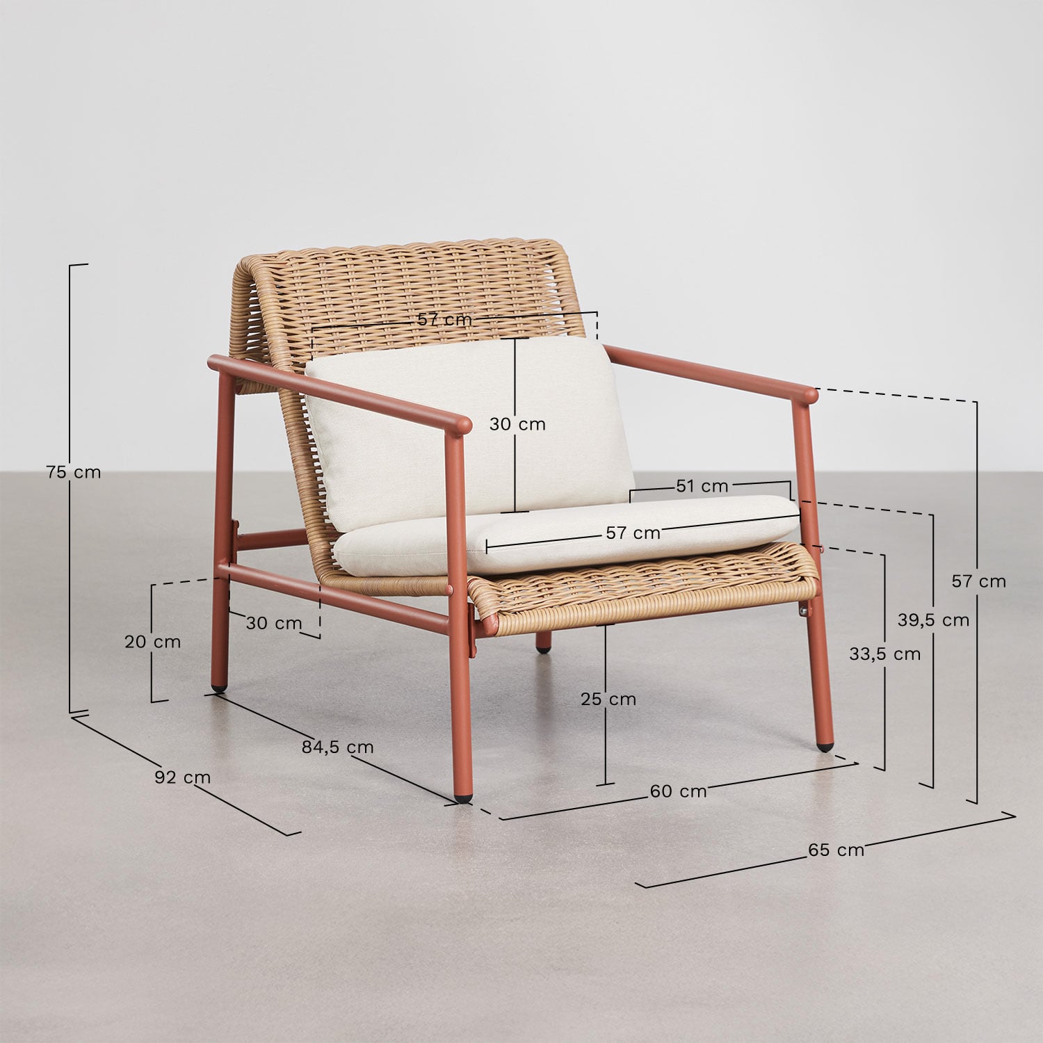 Garden set with 2-seater sofa, 2 armchairs, and coffee table in aluminum and synthetic rattan Duroli, medidas