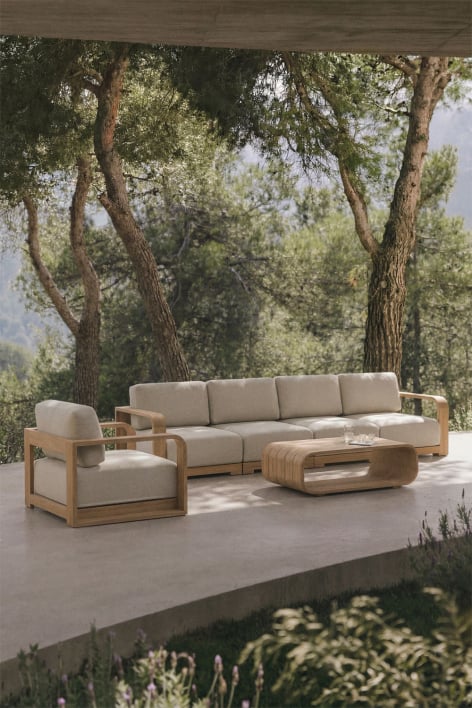 4-piece modular garden sofa set with armrests, armchair, and coffee table in Brivori acacia wood - Light Brown Acacia