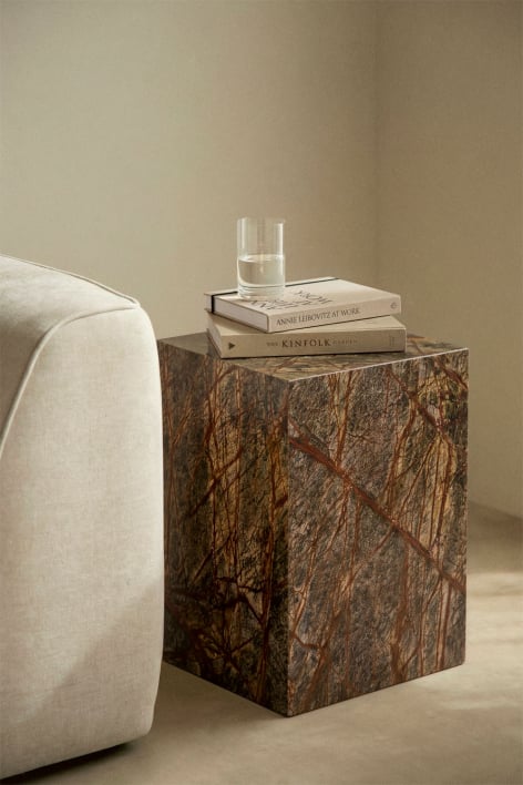 Square side table 35x35 cm in natural Aluret stone - Green Marble Forest