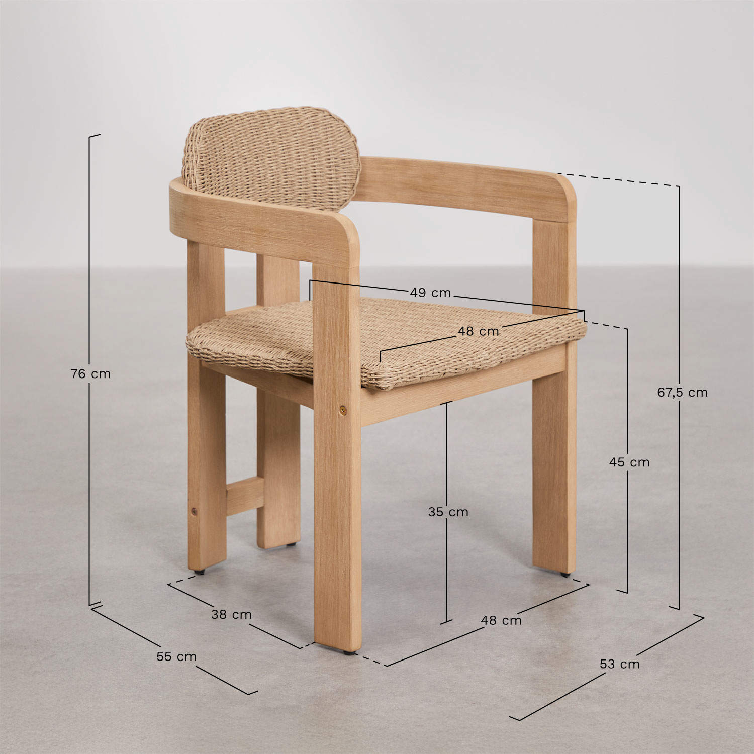 Rectangular dining table set 220 x 100 cm Kandroa and 8 garden chairs in acacia wood and synthetic rattan Ginara, medidas