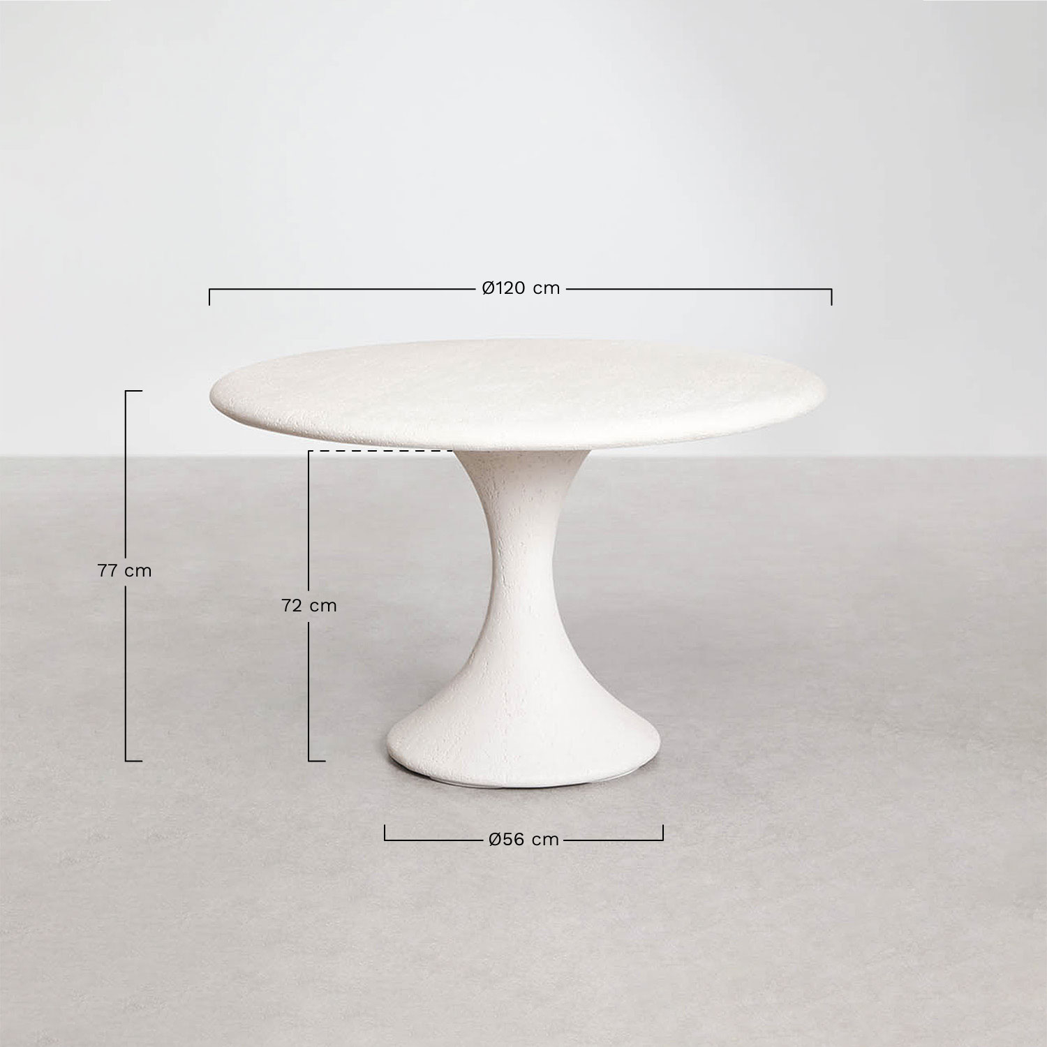 Round table set Ø120 cm in Eloria cement and 6 garden chairs in acacia wood and Malta bouclé fabric, medidas