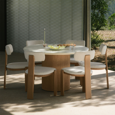 Round Table Set Ø120 Cm In Sharpay Cement And 6 Garden Chairs In Acacia Wood And Malta Bouclé Fabric Light Brown Acacia - Sklum