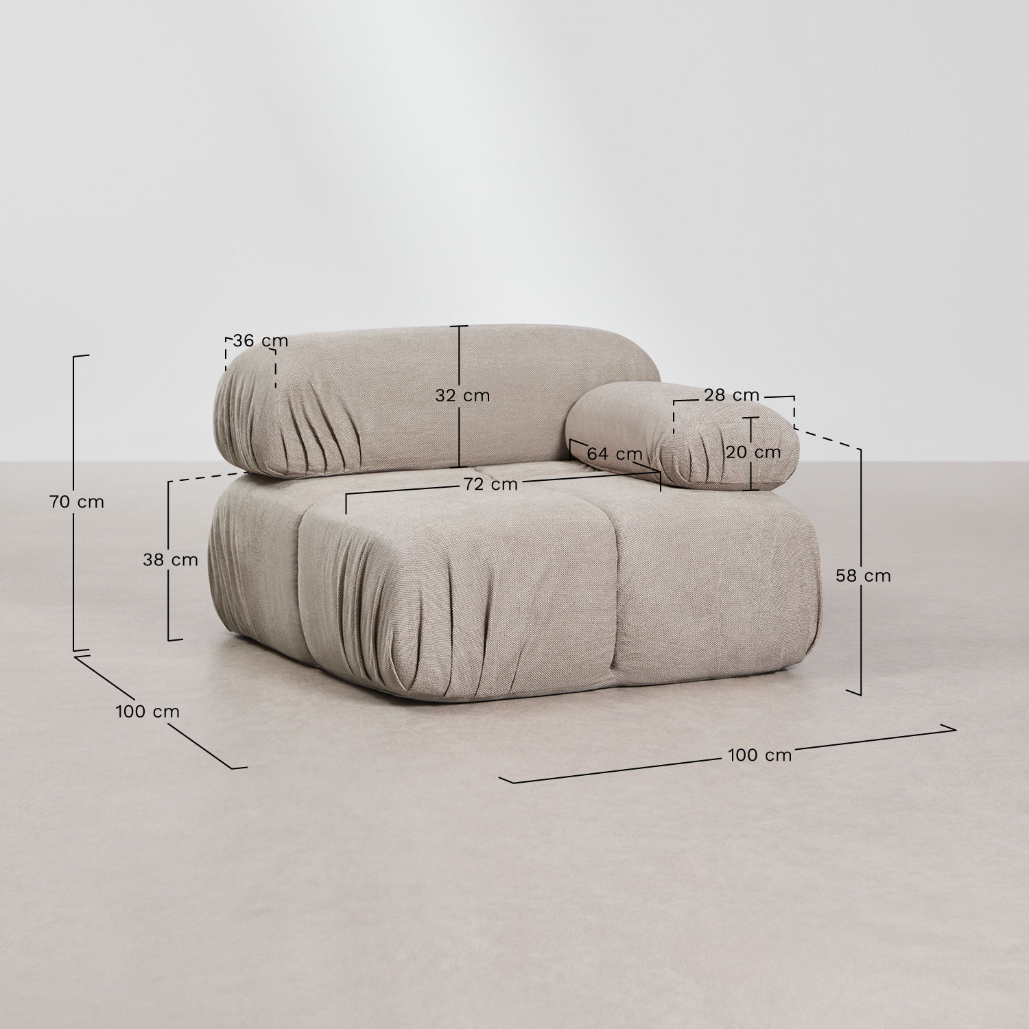 Right corner module for Kendall vacuum-packed bouclé modular sofa, medidas
