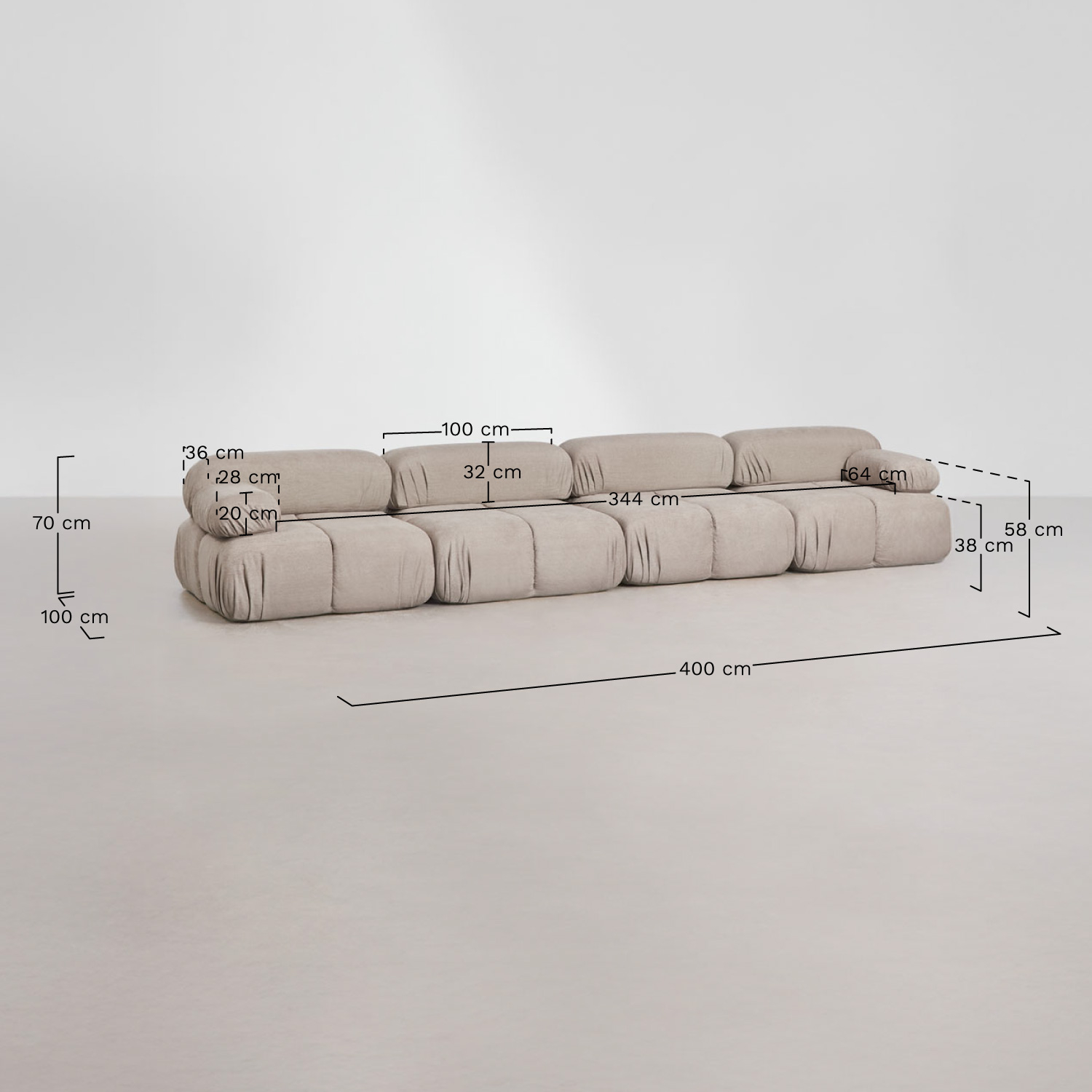 Vacuum-packed 4-piece modular bouclé sofa Kendall, medidas
