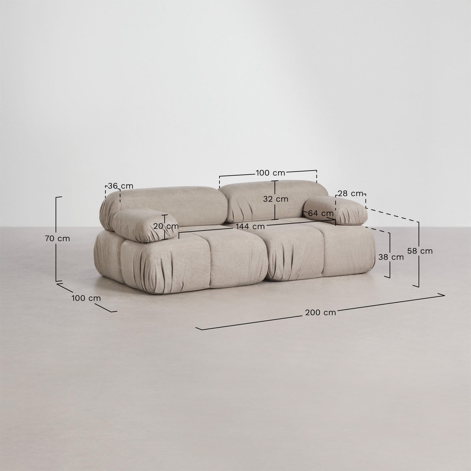 Vacuum-packed 2-piece modular bouclé sofa Kendall, medidas