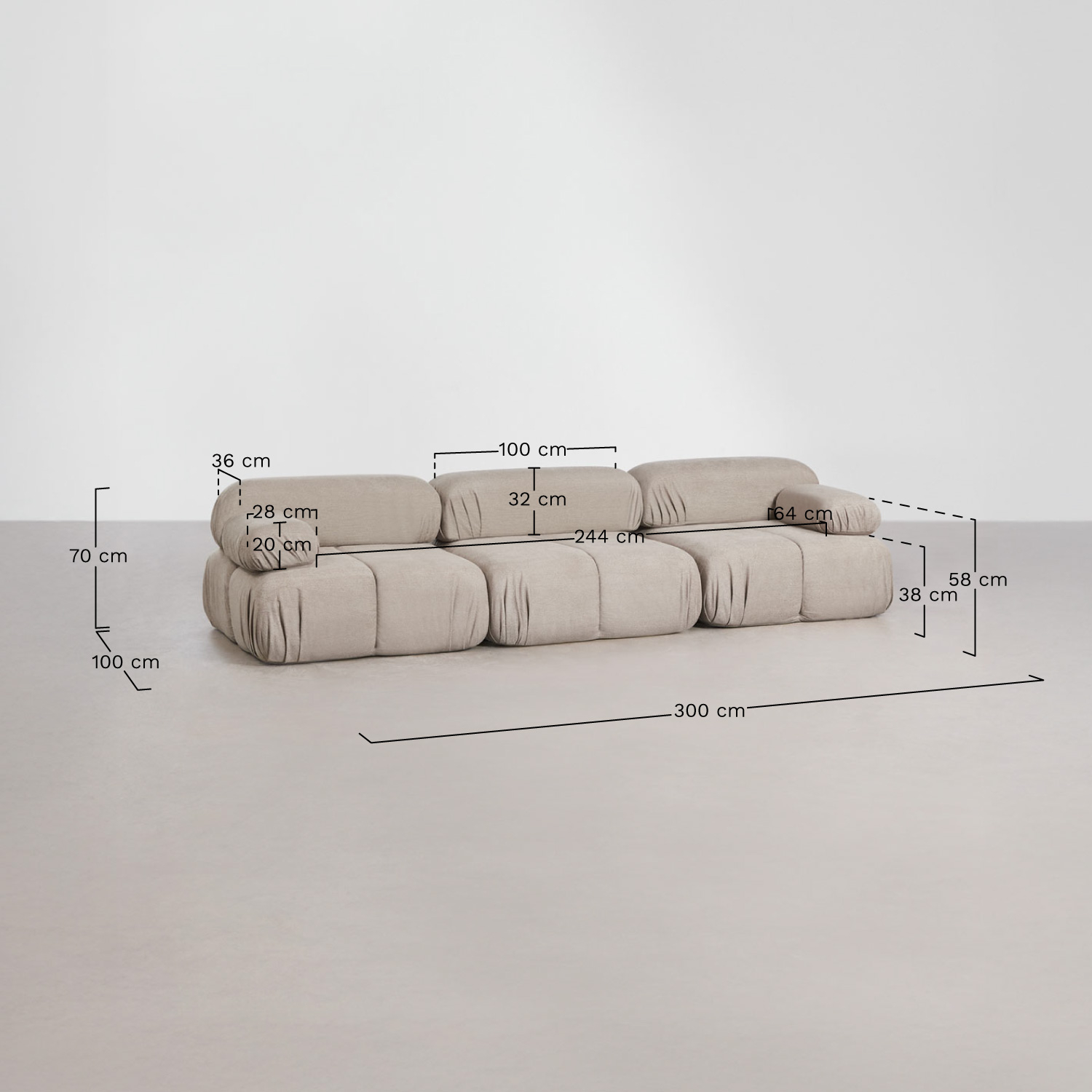 Vacuum-packed 3-piece modular bouclé sofa Kendall, medidas
