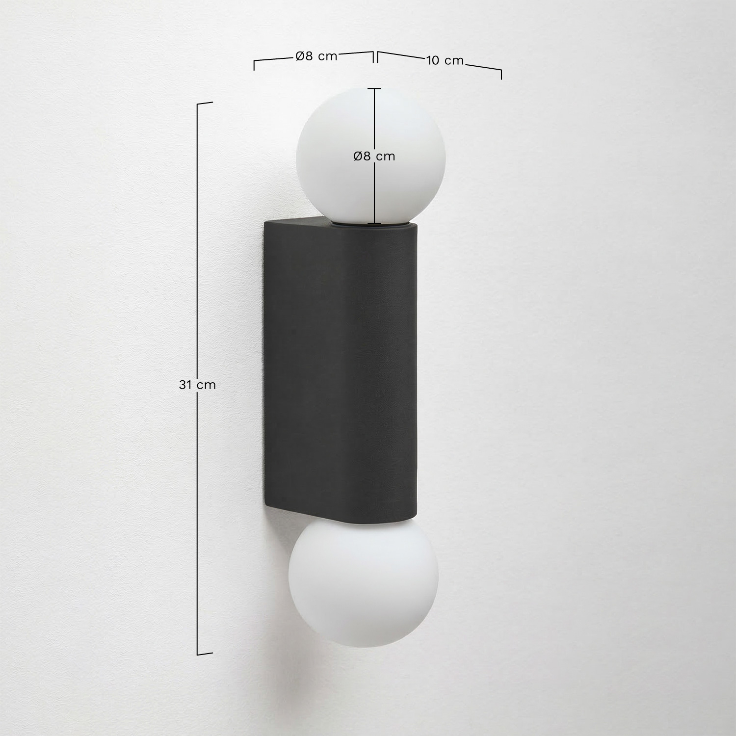 Irvine wall sconce with 2 glass balls in aluminum, medidas