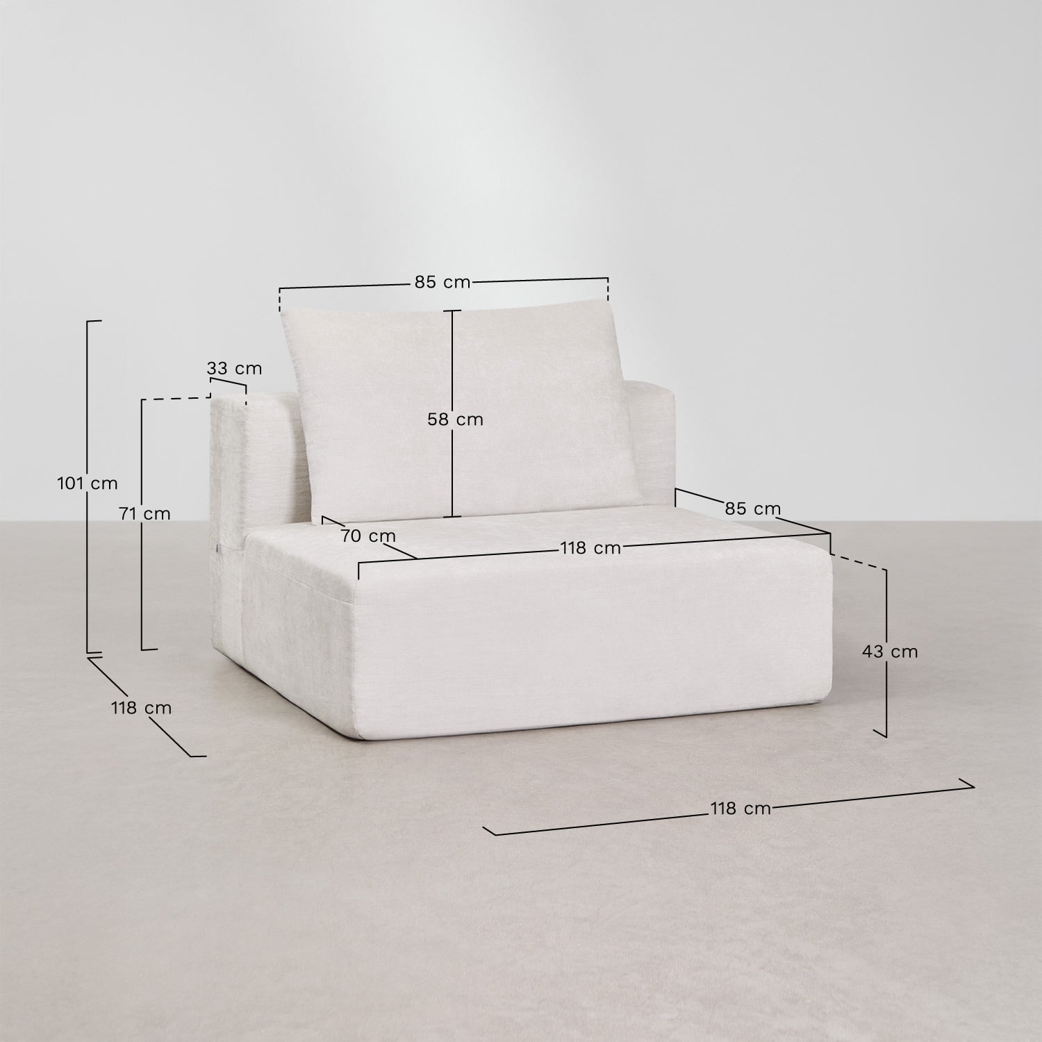 Central module for modular sofa in vacuum-packed chenille Norridge, medidas