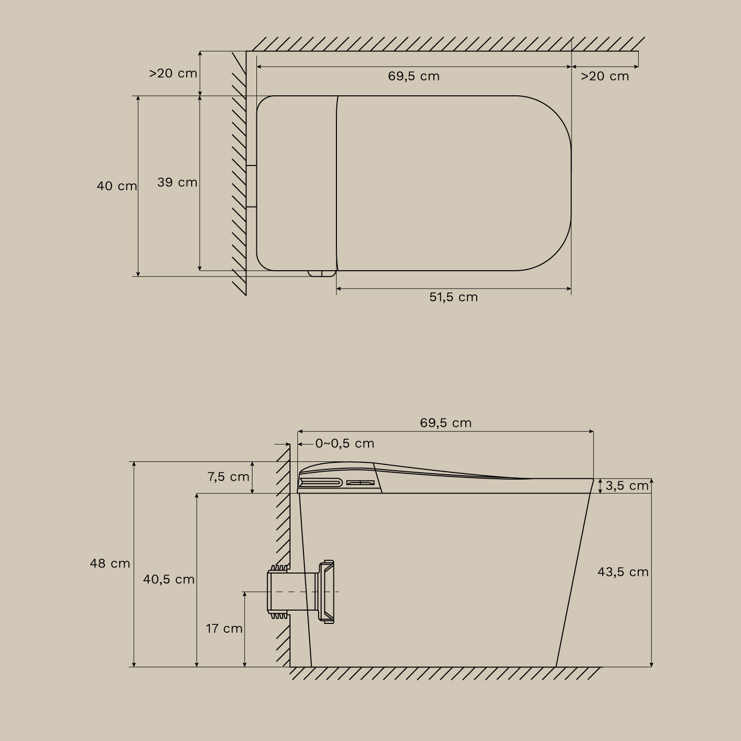 Saloa Basic ceramic smart toilet, medidas