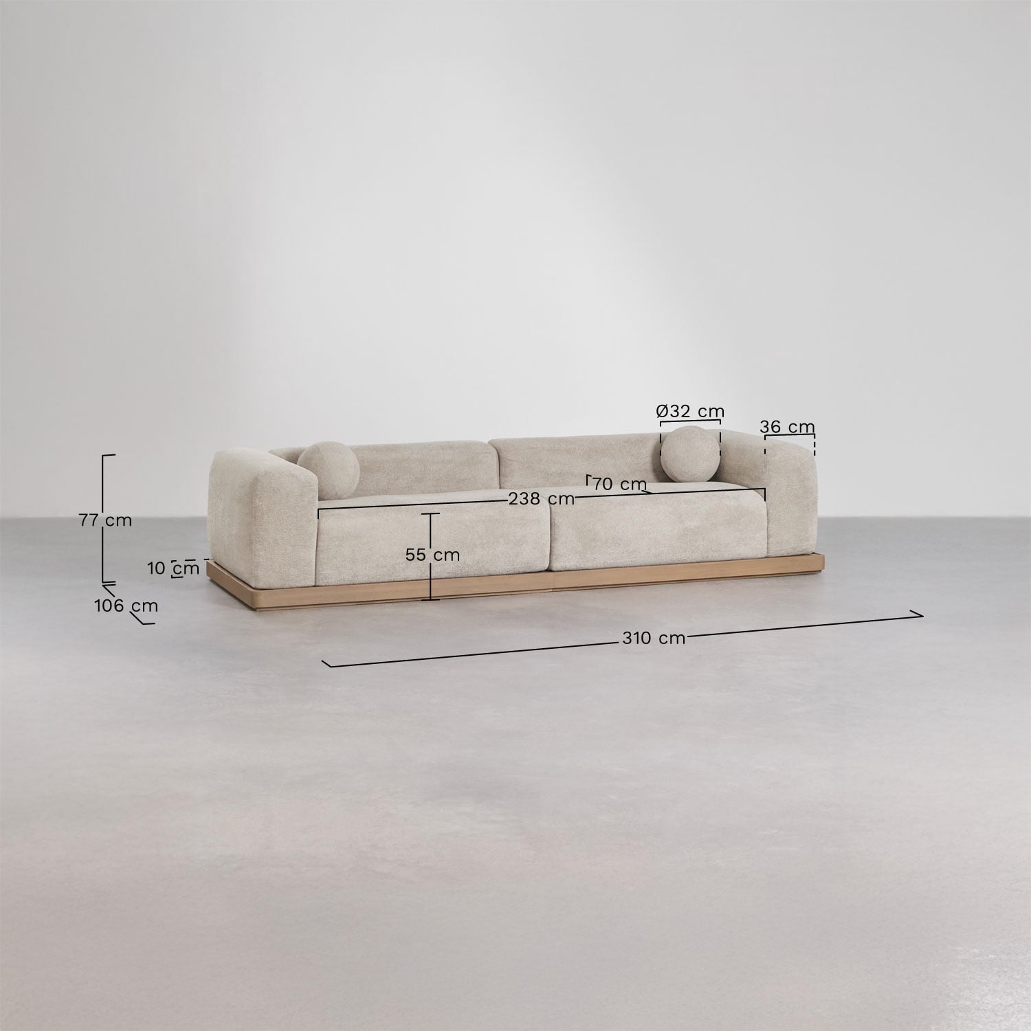 4-seater sofa upholstered vacuum-packed with acacia wood base Angelan, medidas