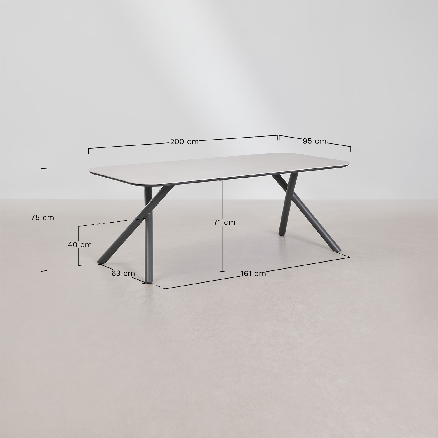 Rectangular 200x95 cm Brinela aluminum table set and 8 stackable Olenia aluminum garden chairs with armrests, medidas