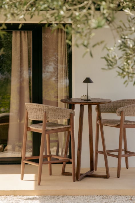Ribeira high garden stool in acacia wood and synthetic rattan