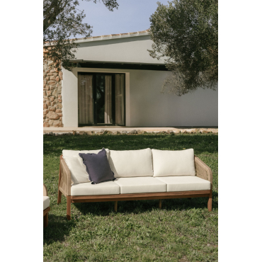 3-seater Garden Sofa In Acacia Wood Dubai Dark Acacia Brown & Fabric Gardenia White - Sklum