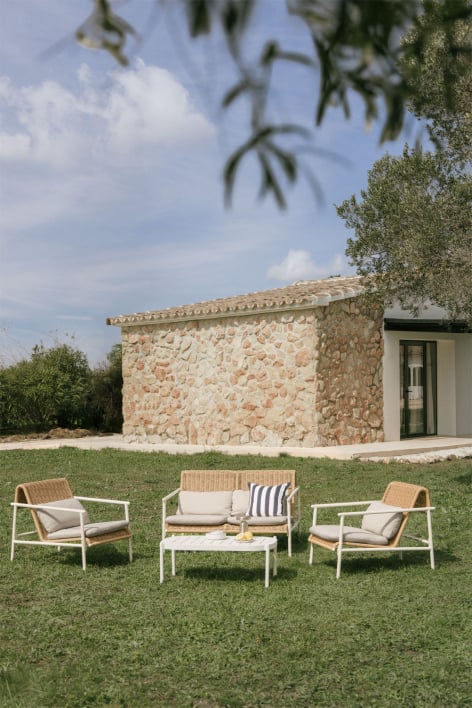 Duroli synthetic rattan and aluminum garden set with 2-seater sofa, 2 armchairs, and coffee table - Gardenia White