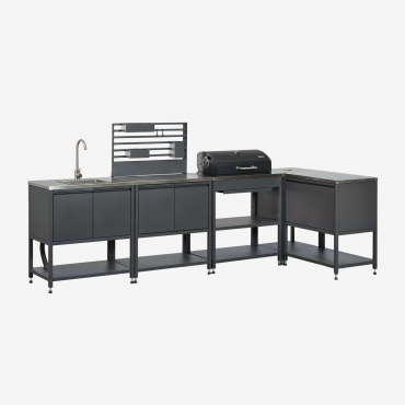 5-piece Outdoor Corner Modular Kitchen With Sink, Organizer Panel, And Savona Steel Charcoal Barbecue Grey Graphite & Brushed Grey Rintran - Sklum