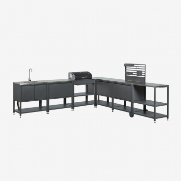 7-piece Outdoor Corner Modular Kitchen With Sink, Organizer Panel, And Steel Charcoal Barbecue Savona Grey Graphite & Brushed Grey Rintran - Sklum