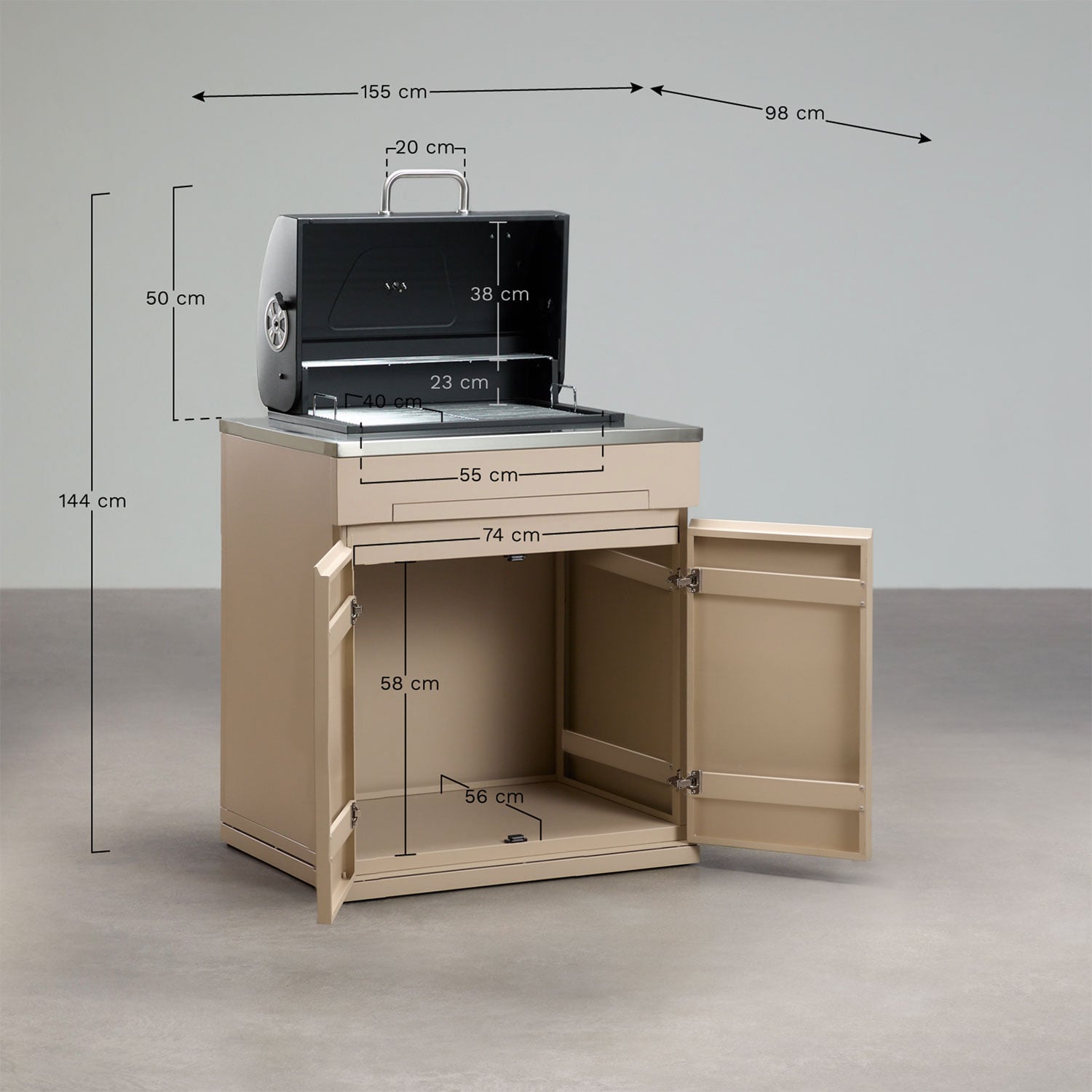 Storage module with charcoal barbecue for Rivana modular outdoor kitchen in steel, medidas