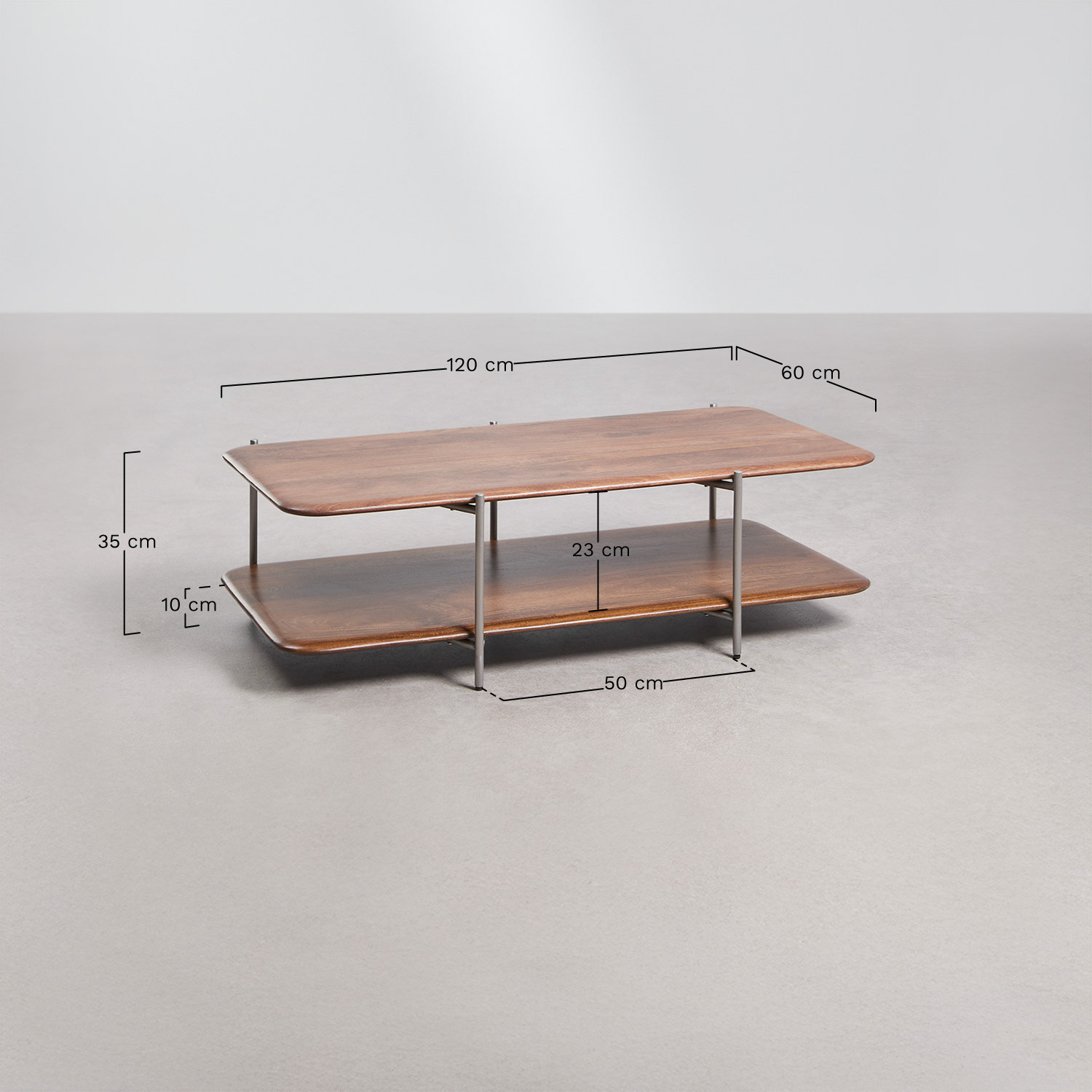 Rectangular coffee table 120x60 cm in mango wood and stainless steel Vimara, medidas