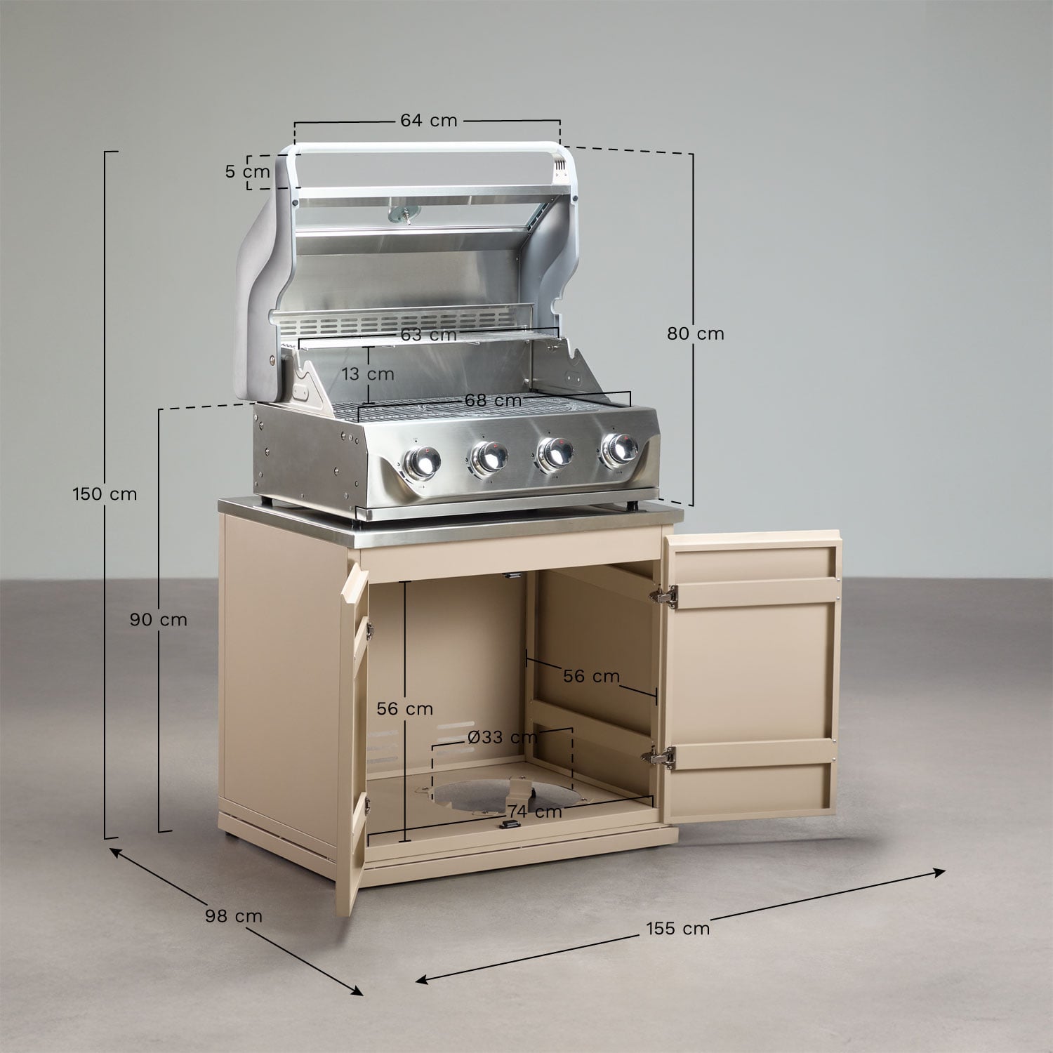 Module with gas barbecue with 4 burners for Rivana steel outdoor modular kitchen, medidas