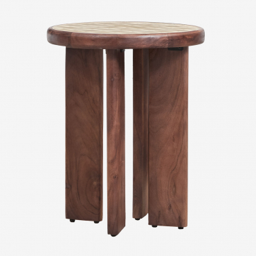 Round Side Table Ø40 Cm In Acacia Wood And Aitana Tiles Tapioca Beige - Dark Acacia Brown - Sklum