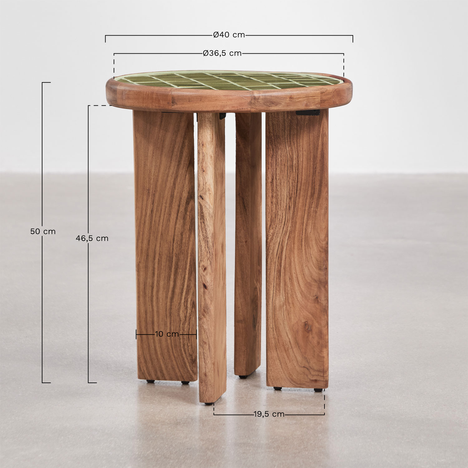 Round side table Ø40 cm in acacia wood and Aitana tiles, medidas