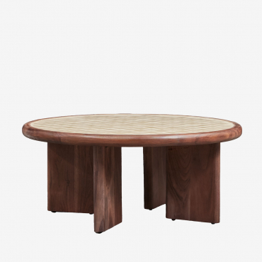 Round Coffee Table Ø80 Cm In Acacia Wood And Aitana Tiles Tapioca Beige - Dark Acacia Brown - Sklum