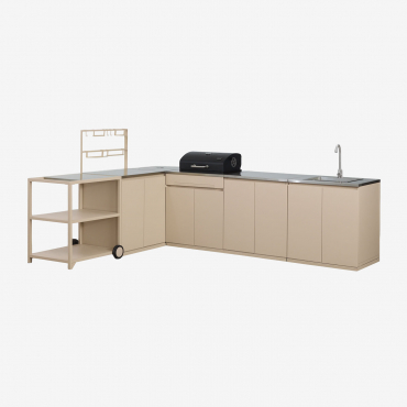Modular 6-piece Outdoor Corner Kitchen With Sink, Storage, And Rivana Steel Charcoal Barbecue Tapioca Beige & Brushed Grey Rintran - Sklum
