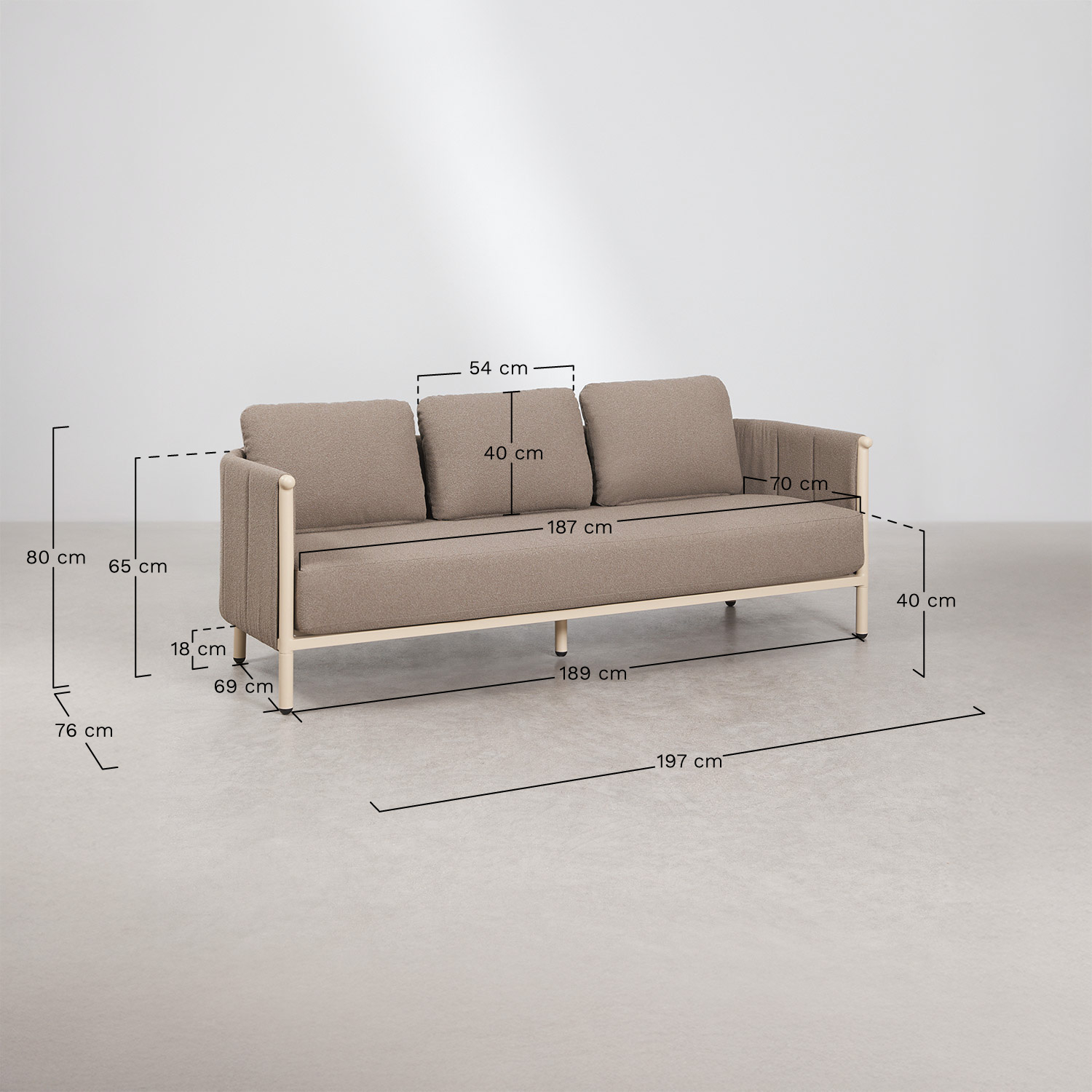 Boleni aluminum garden set with 3-seater sofa, 2 boucle armchairs, and coffee table, medidas