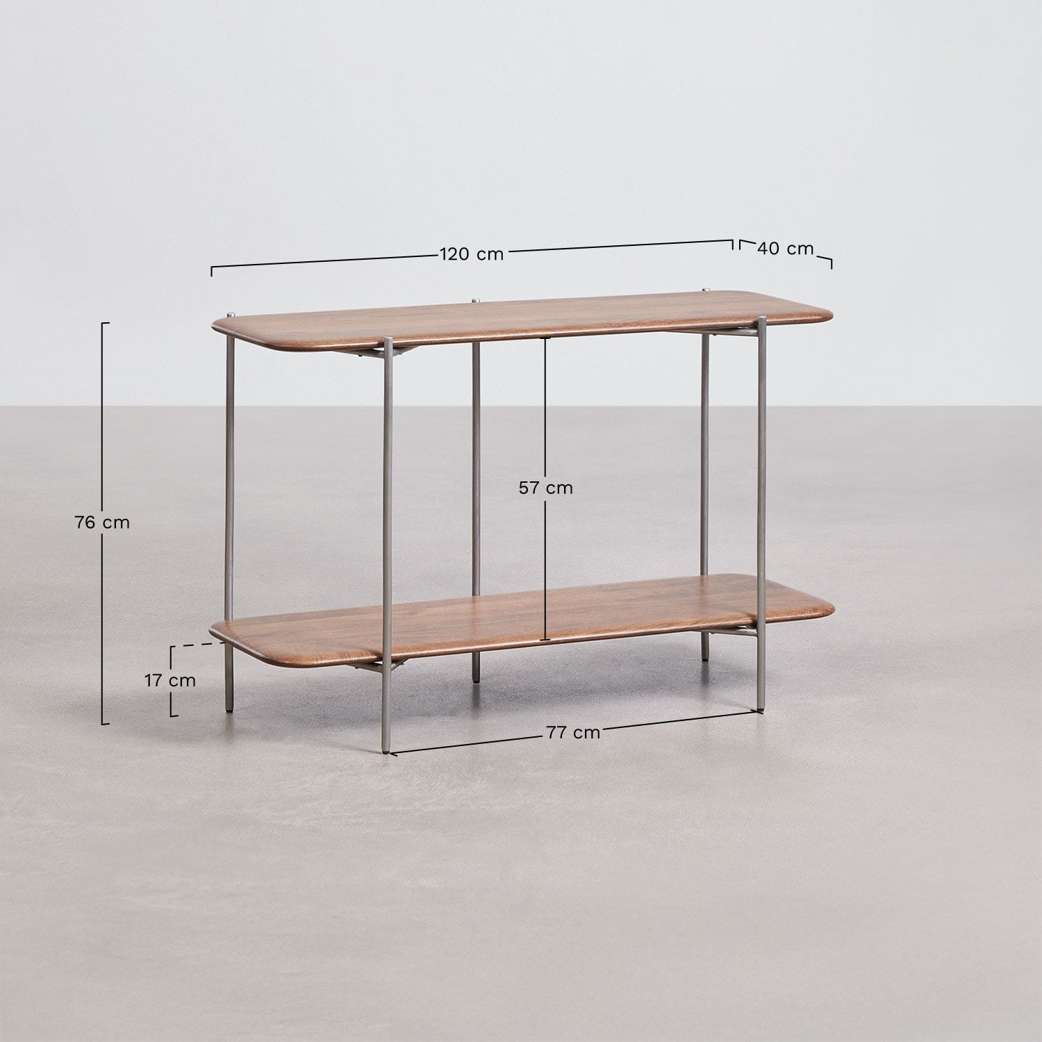 Vimara 120x40 cm hallway console table in mango wood and stainless steel, medidas