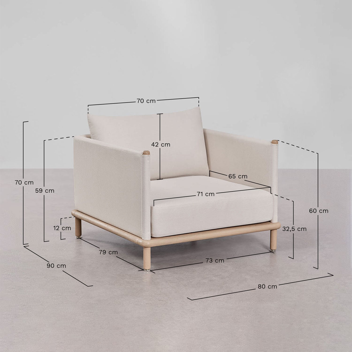 Olivia garden set with 2 armchairs and 2 round acacia wood coffee tables, medidas