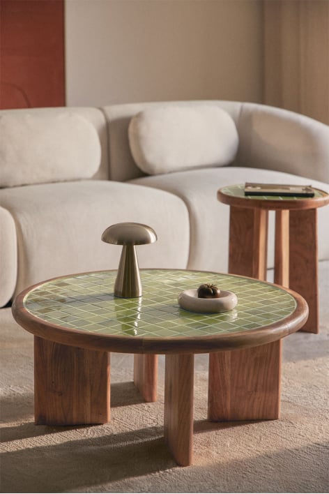 Round coffee table Ø80 cm in acacia wood and Aitana tiles - Melon Green - Acacia Brown