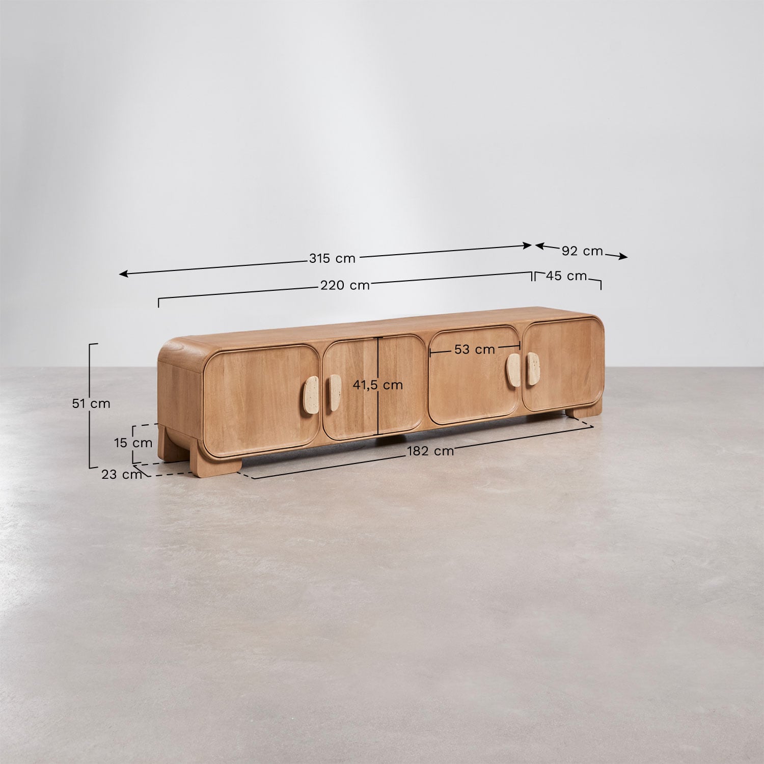 Kivalina TV cabinet in mango wood and travertine, medidas