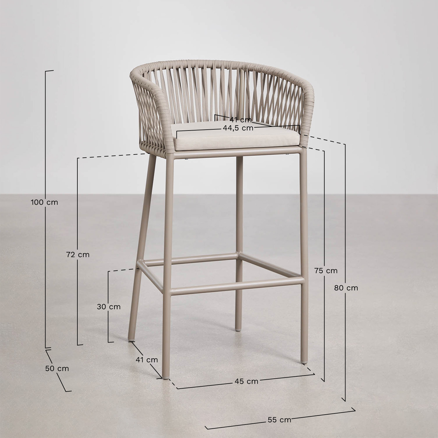 High stool with armrests in braided rope Arhiza, medidas