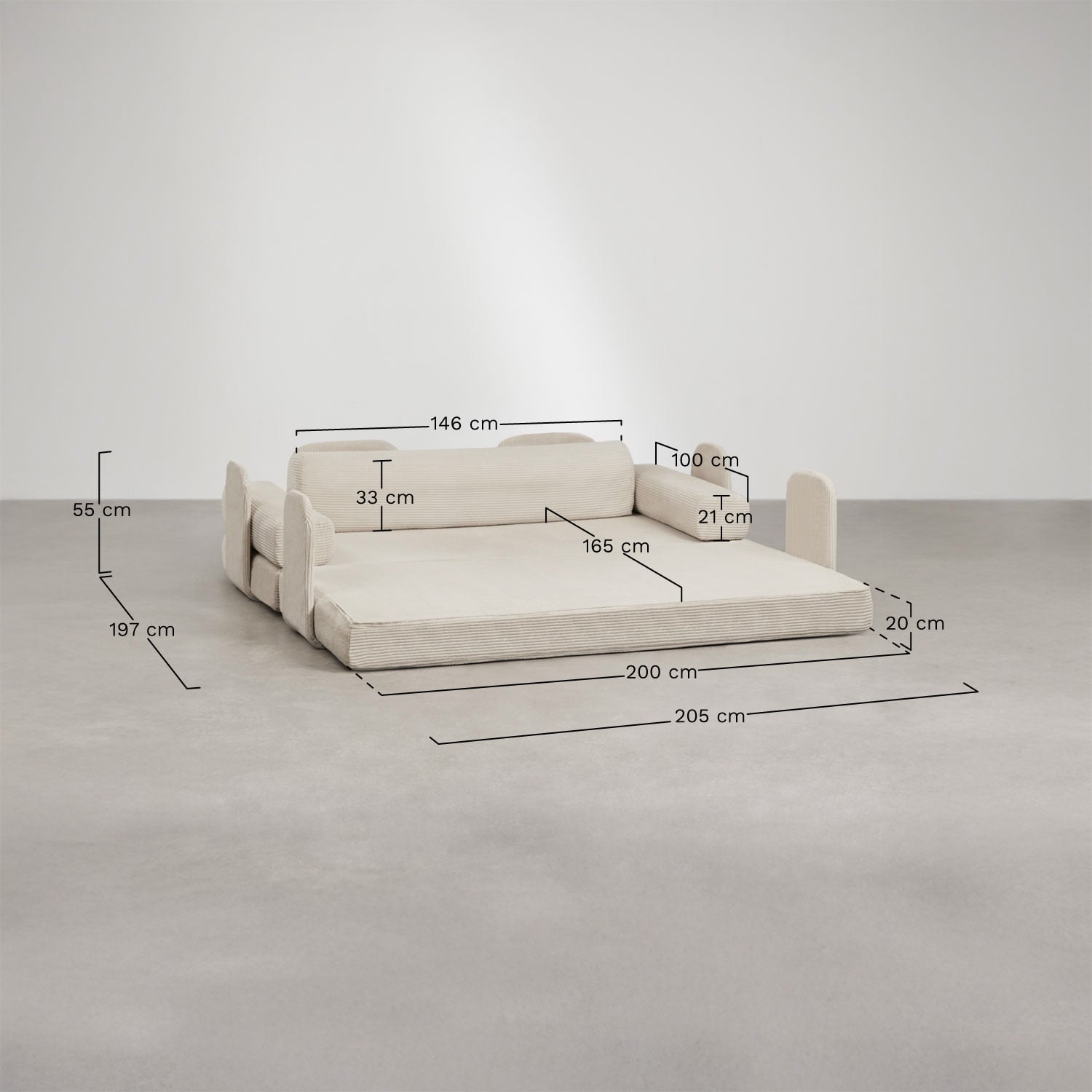 Vacuum-packed 2-seater velvet sofa bed Paoly, medidas