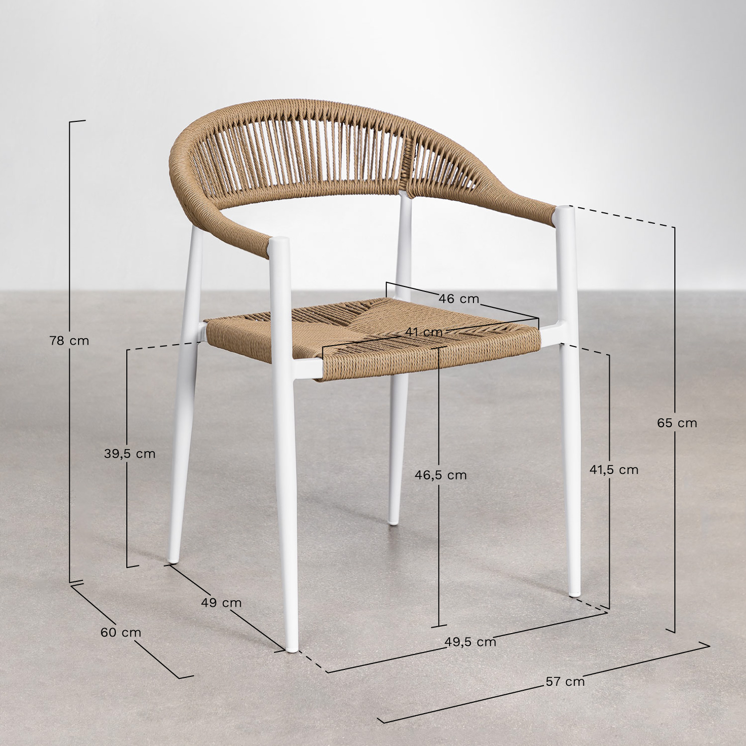 Stackable garden chair with armrests in aluminum and synthetic rattan Amatria, medidas