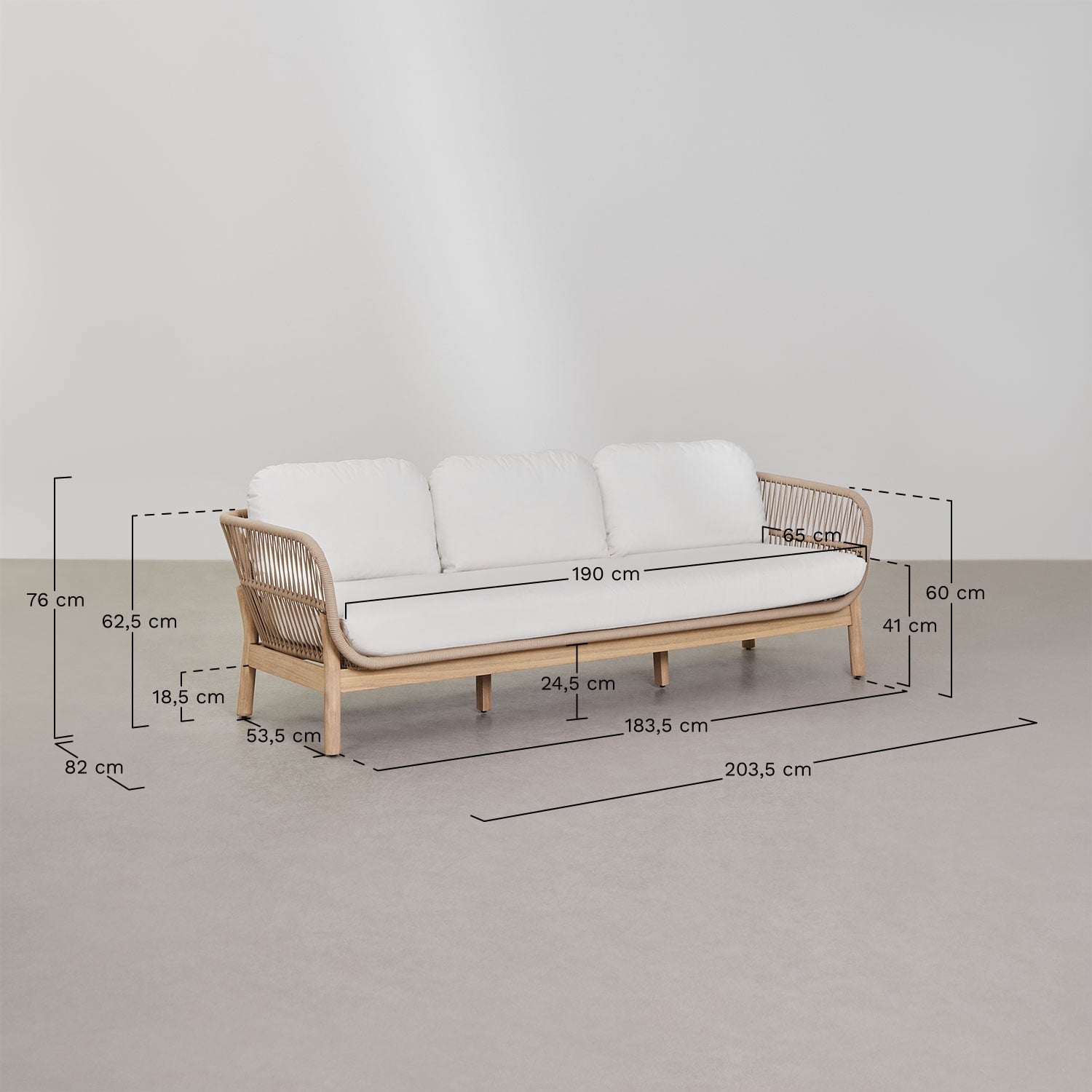 3-seater garden sofa in acacia wood and braided rope Karvia, medidas