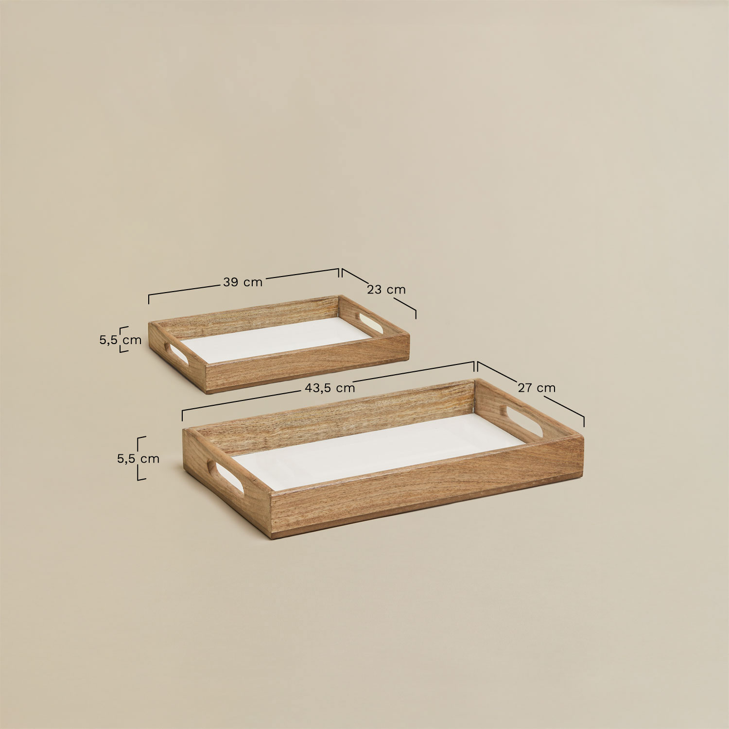 Set of 2 rectangular decorative trays in mango wood Fruela, medidas