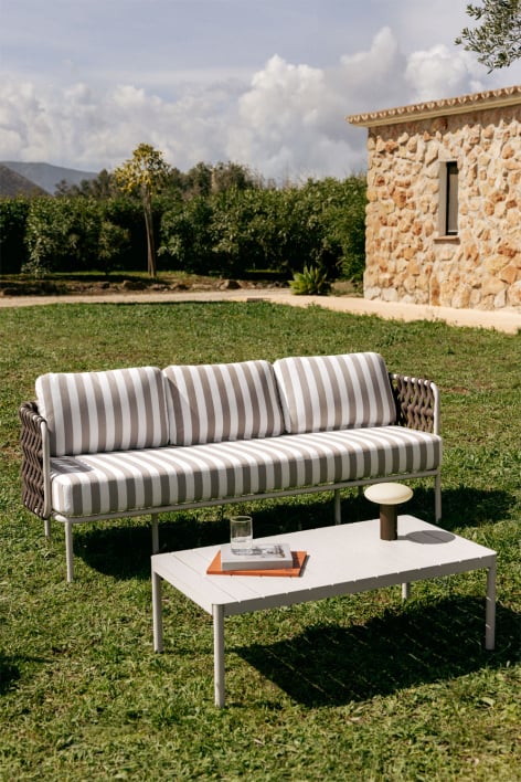Tevary braided rope 3-seater sofa garden set and Boleni aluminum coffee table - Mocha Brown Fabric - Gardenia White