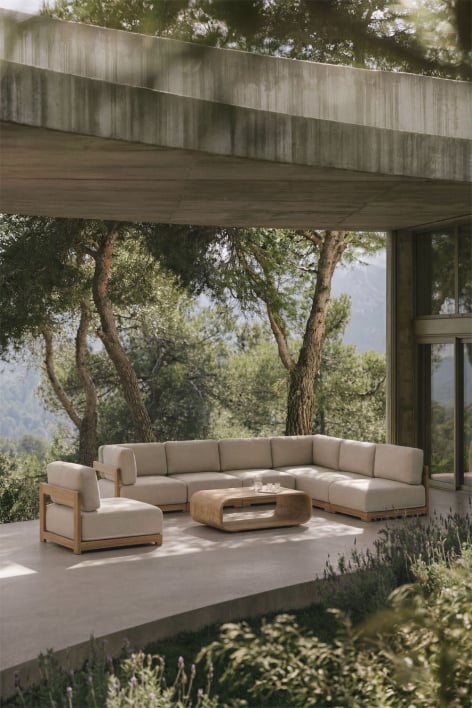 6-piece corner modular sofa garden set, armchair and coffee table in Brivori acacia wood