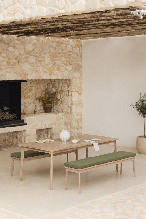 Rectangular table set 180x90 cm and 2 garden benches in acacia wood Kaela