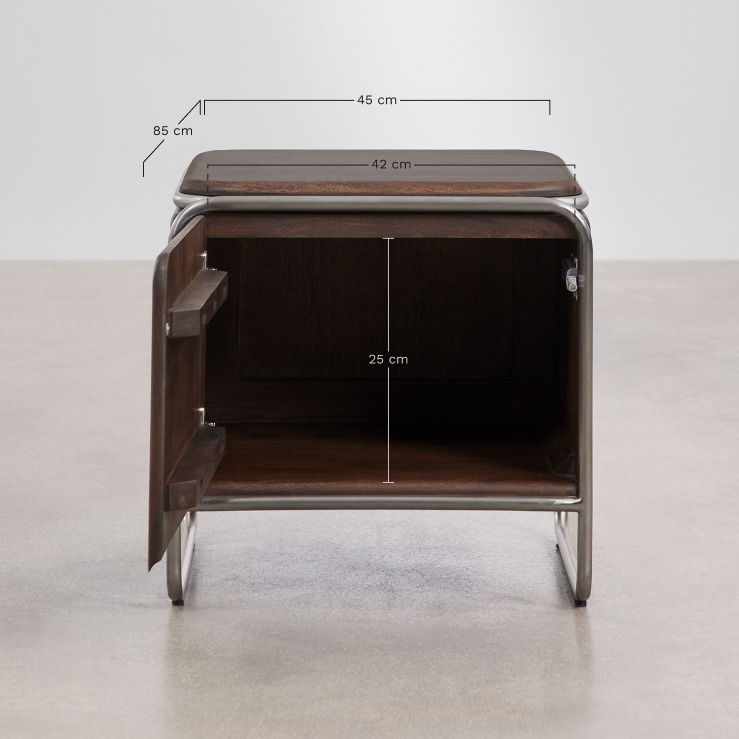 Pack of 2 square bedside tables 45x45 cm in acacia wood and stainless steel Altrex, medidas