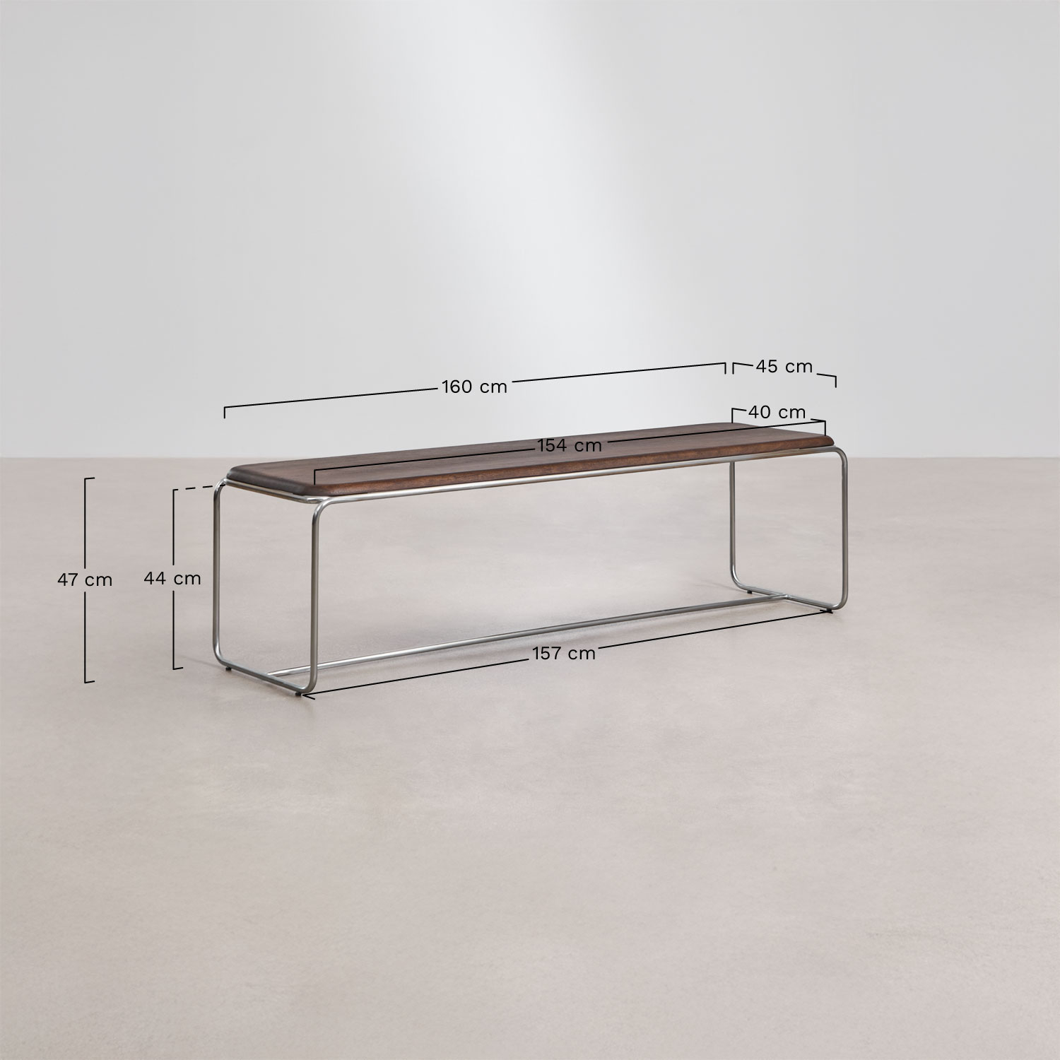160 cm bench in acacia wood and stainless steel Altrex, medidas