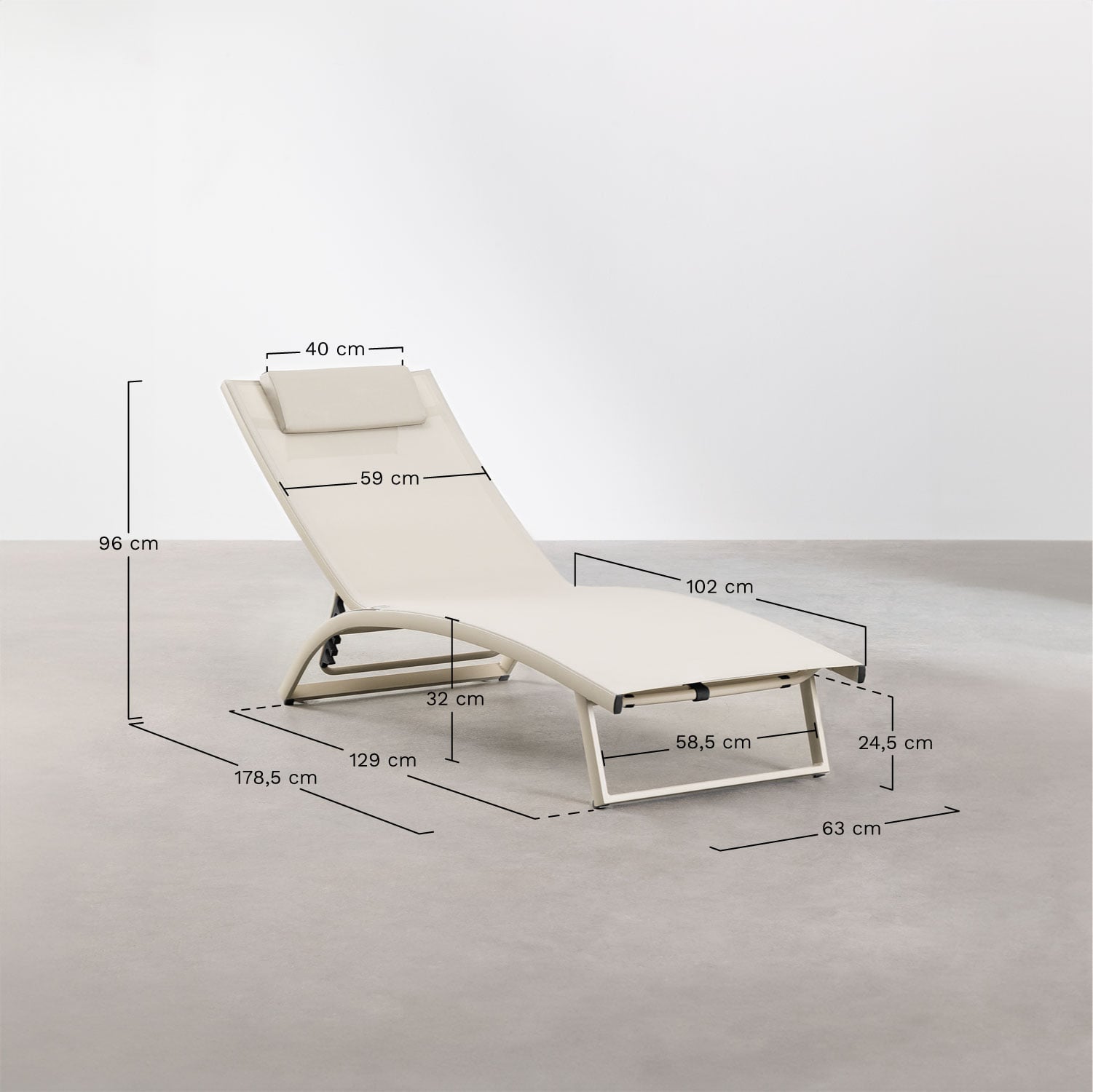 Reclining aluminum sun lounger with Dulem cushion, medidas