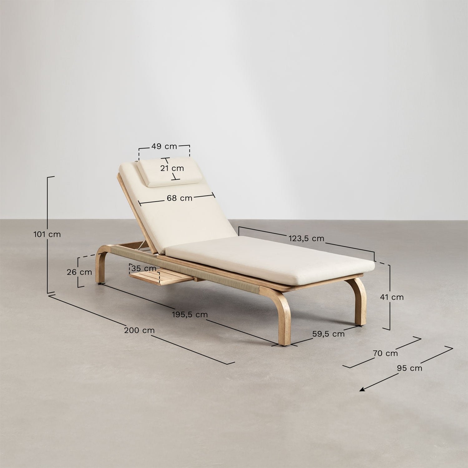 Reclining sun lounger in acacia wood with Dubai cushion, medidas