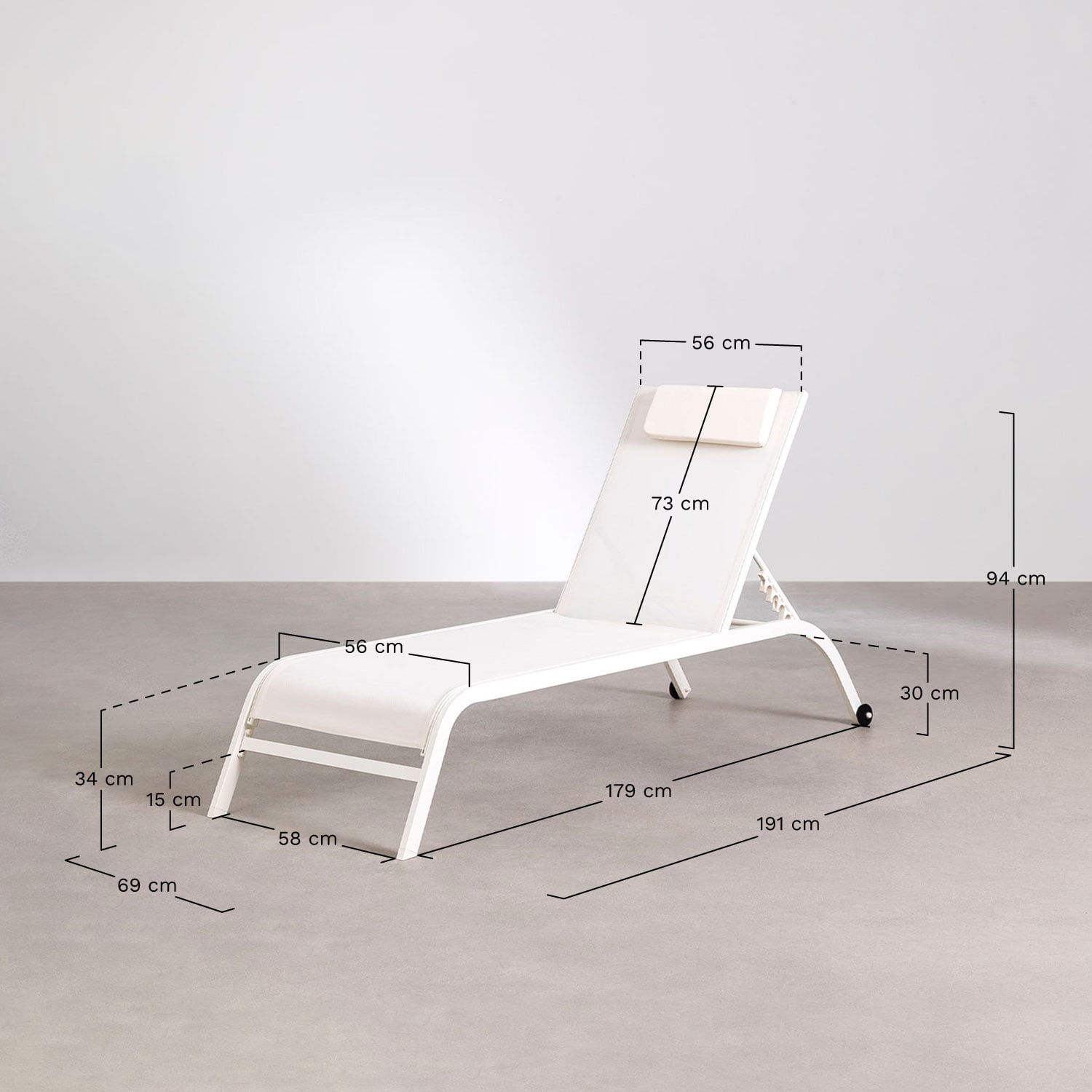 Reclining sun lounger with Therys cushion, medidas