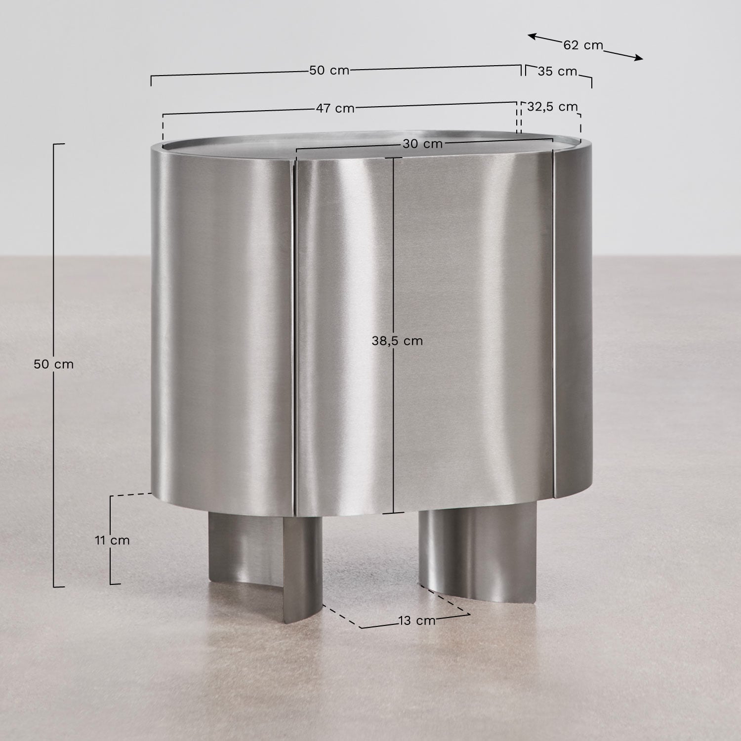 Pack of 2 oval bedside tables 50x35 cm in stainless steel Luena, medidas