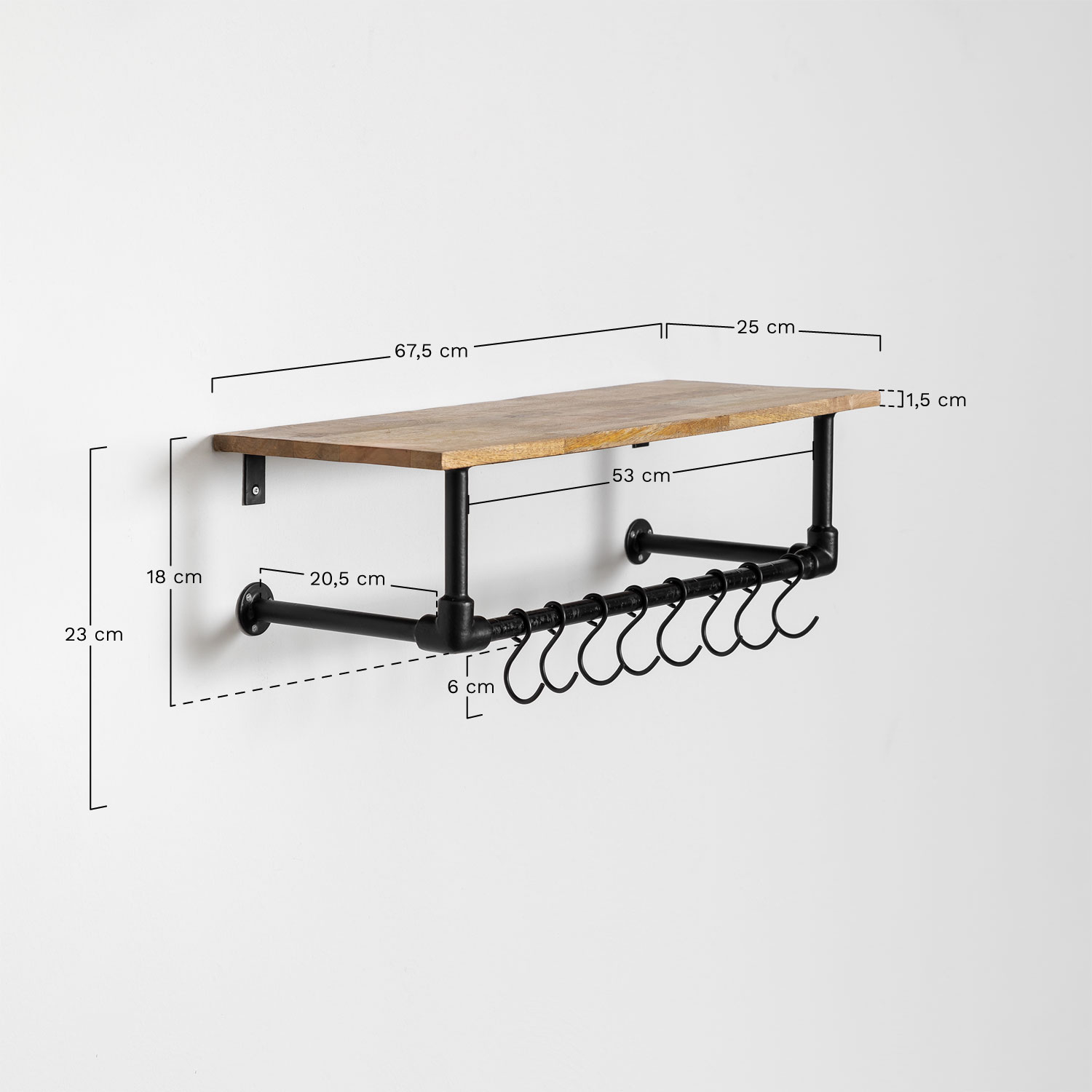 Wall coat rack with shelf in mango wood and steel Jensin, medidas