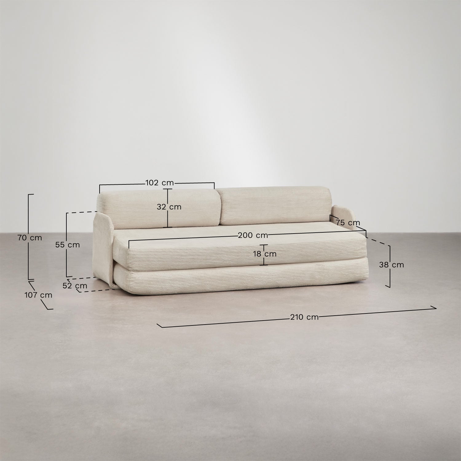 Vacuum-packed 2-seater sofa bed in velvet Kyoto, medidas