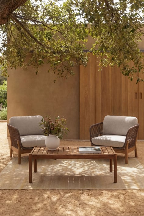 Karvia garden set with 2 braided rope armchairs and acacia wood coffee table