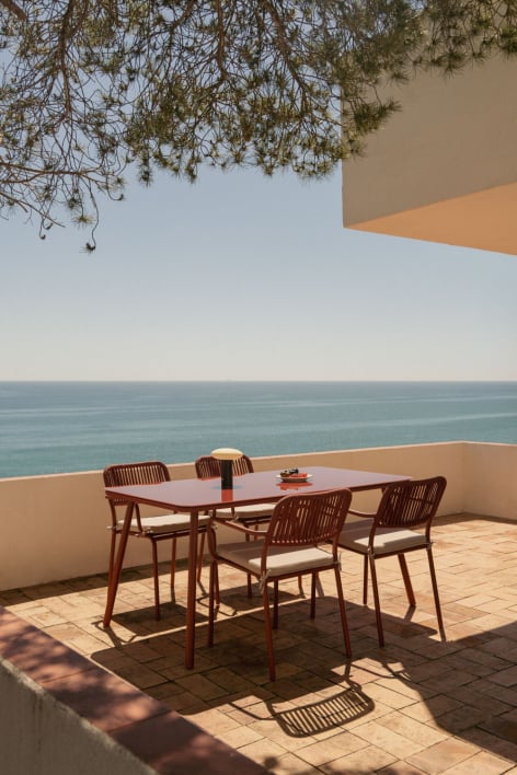 Rectangular table set 160x90 cm and 4 stackable garden chairs in braided rope Arhiza